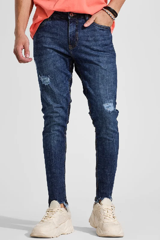 Metal Button Jeans for Classic -Dark Blue Distressed Skinny Fit Jeans