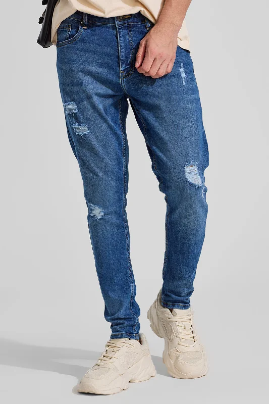 Side Pocket Jeans for Extra -Blue Distressed Skinny Fit Jeans