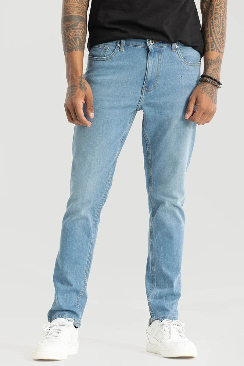 Leather Trim Jeans for Luxury -Slick Sky Blue Plain Slim Fit Jeans