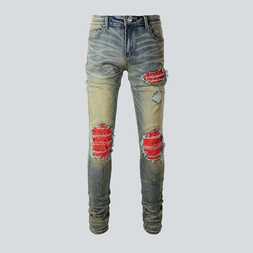 Casual Friday Jeans for Relaxed -Cracked patch skinny men's jeans