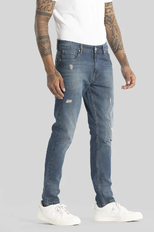 Embroidered Jeans for Detail -Slick Dark Blue Distressed Slim Fit Jeans