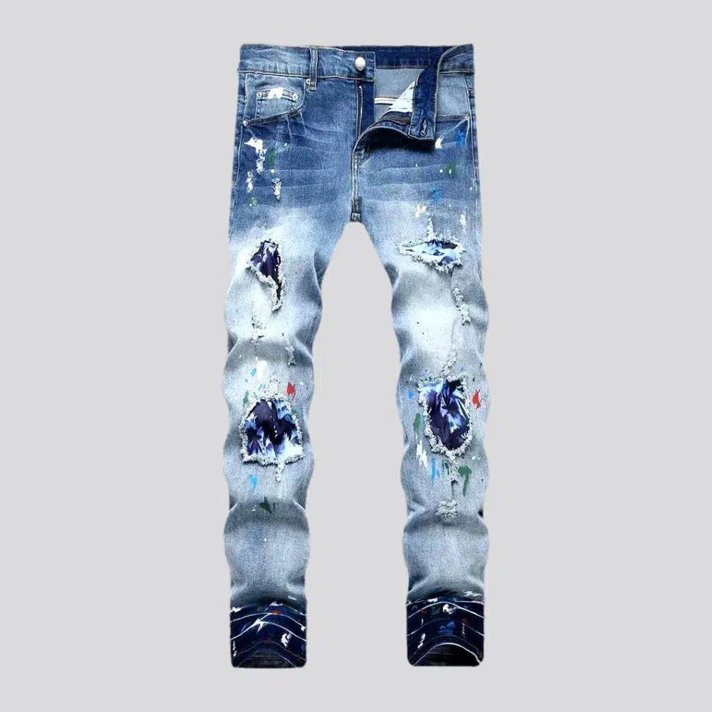 Valentine's Day Jeans for Romantic -Painted-patches men's sanded jeans