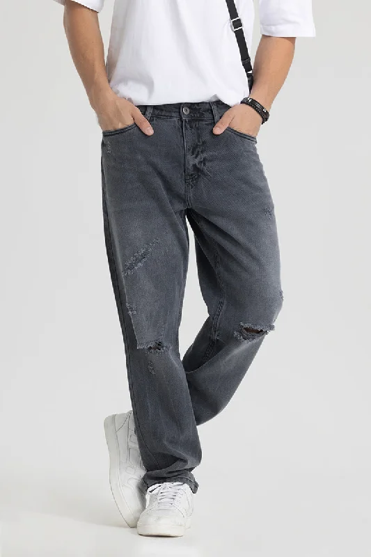 Party Jeans for Night Out -Ash Grey Distressed Relaxed Fit Jeans