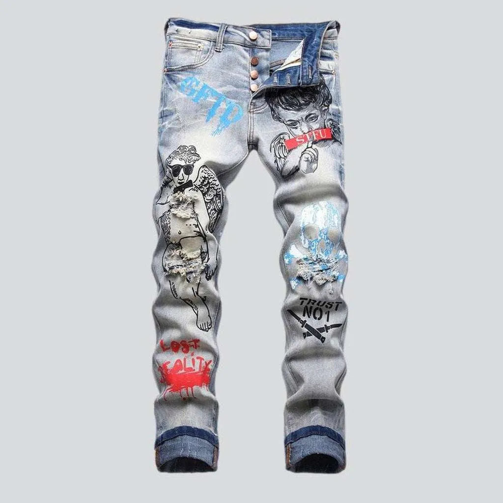 Faded Jeans for Laid-back -Graffiti-painted men's jeans