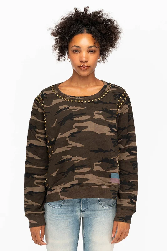 Petite Blouses for Small -WOMENS STUDDED PULLOVER SWEATSHIRT IN CAMO GREEN