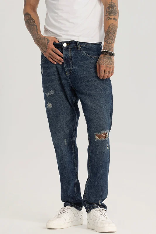 Studded Jeans for Punk -Blue Distressed Baggy Fit Jeans