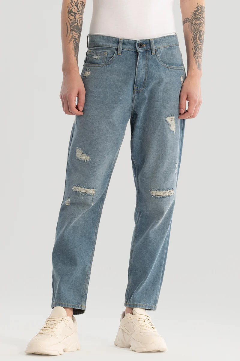 Button Fly Jeans for Traditional -Blue Distressed Baggy Fit Jeans