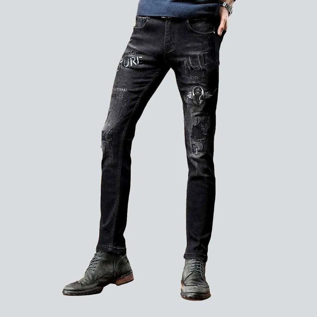 Raw Hem Jeans for Trendy -Black embroidery skinny men's jeans