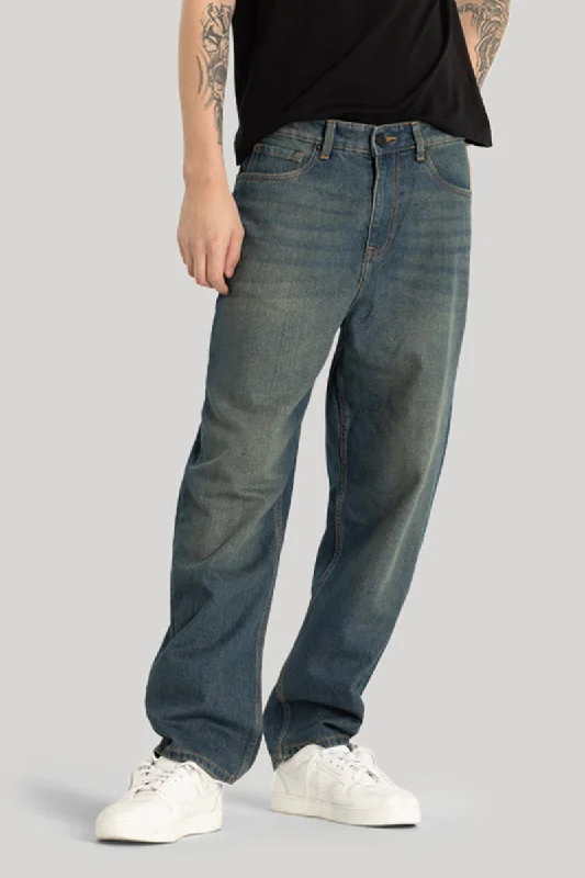 Hiking Jeans for Trail -Washed Blue Plain Loose Fit Jeans