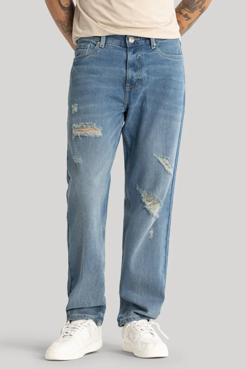 Patchwork Jeans for Bohemian -Blue Distressed Relaxed Fit Jeans