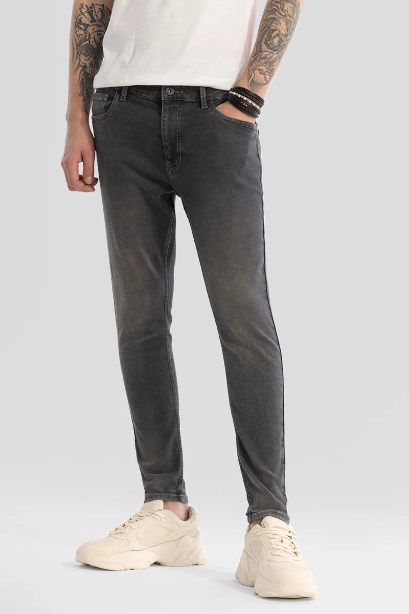 Frayed Hem Jeans for Edgy -Charcoal Grey Plain Skinny Fit Jeans