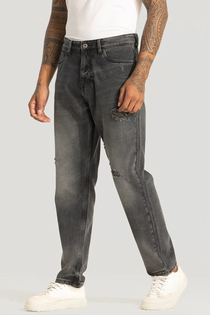 Branded Jeans for Quality -Grey Distressed Relaxed Fit Jeans