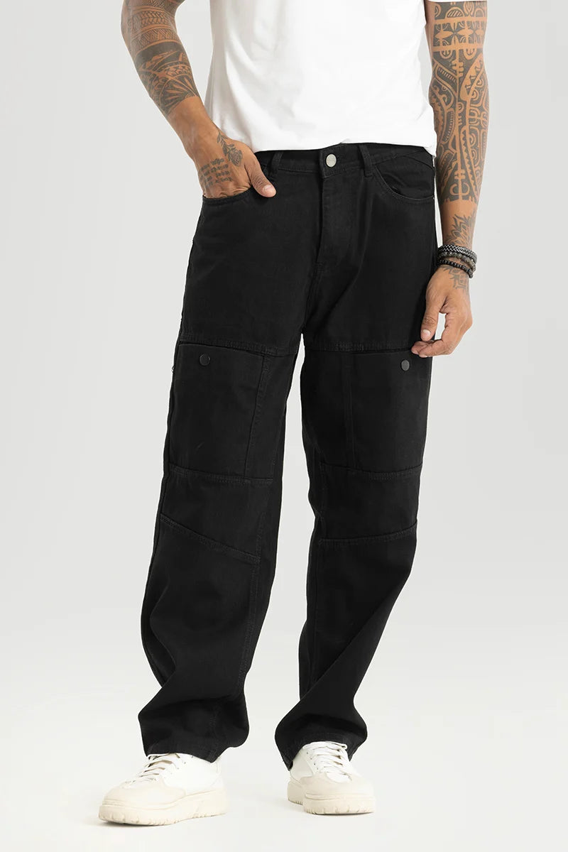 Belt Loops Jeans for Accessorizing -Chromatic Black Plain Baggy Fit Cargo Jeans