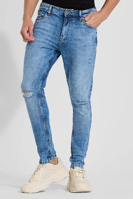 Button Fly Jeans for Traditional -Blue Distressed Skinny Fit Jeans