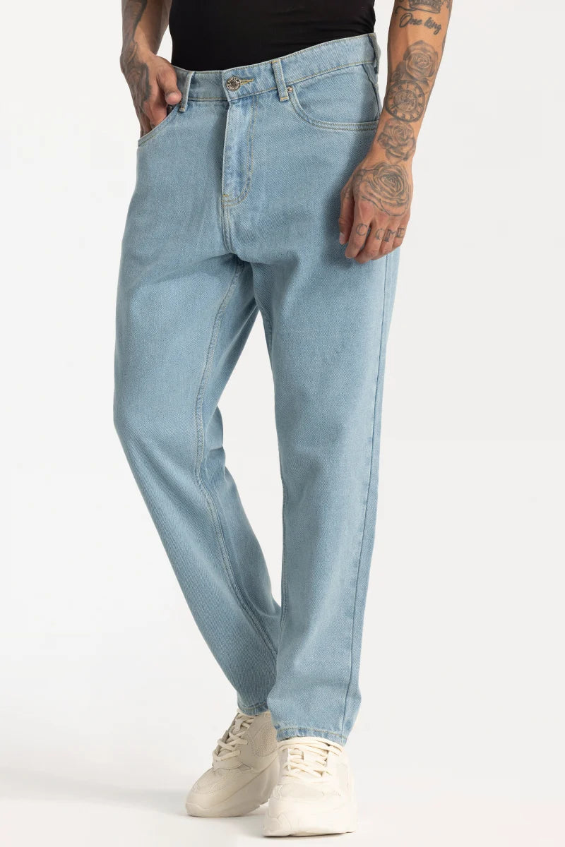 Light Wash Jeans for Casual -Blue Plain Baggy Fit Jeans