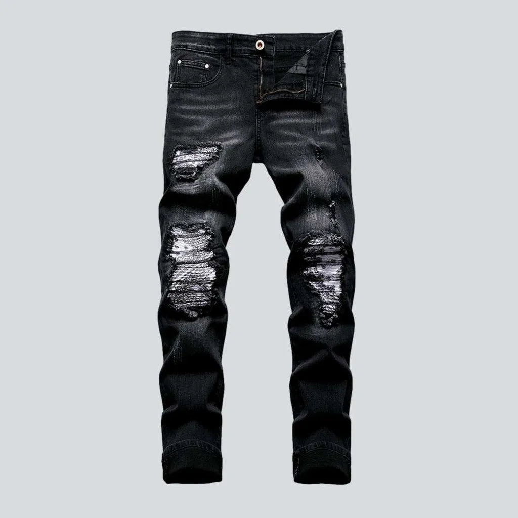 Painted Back Pocket Jeans for Artistic -Patchwork knees biker men's jeans