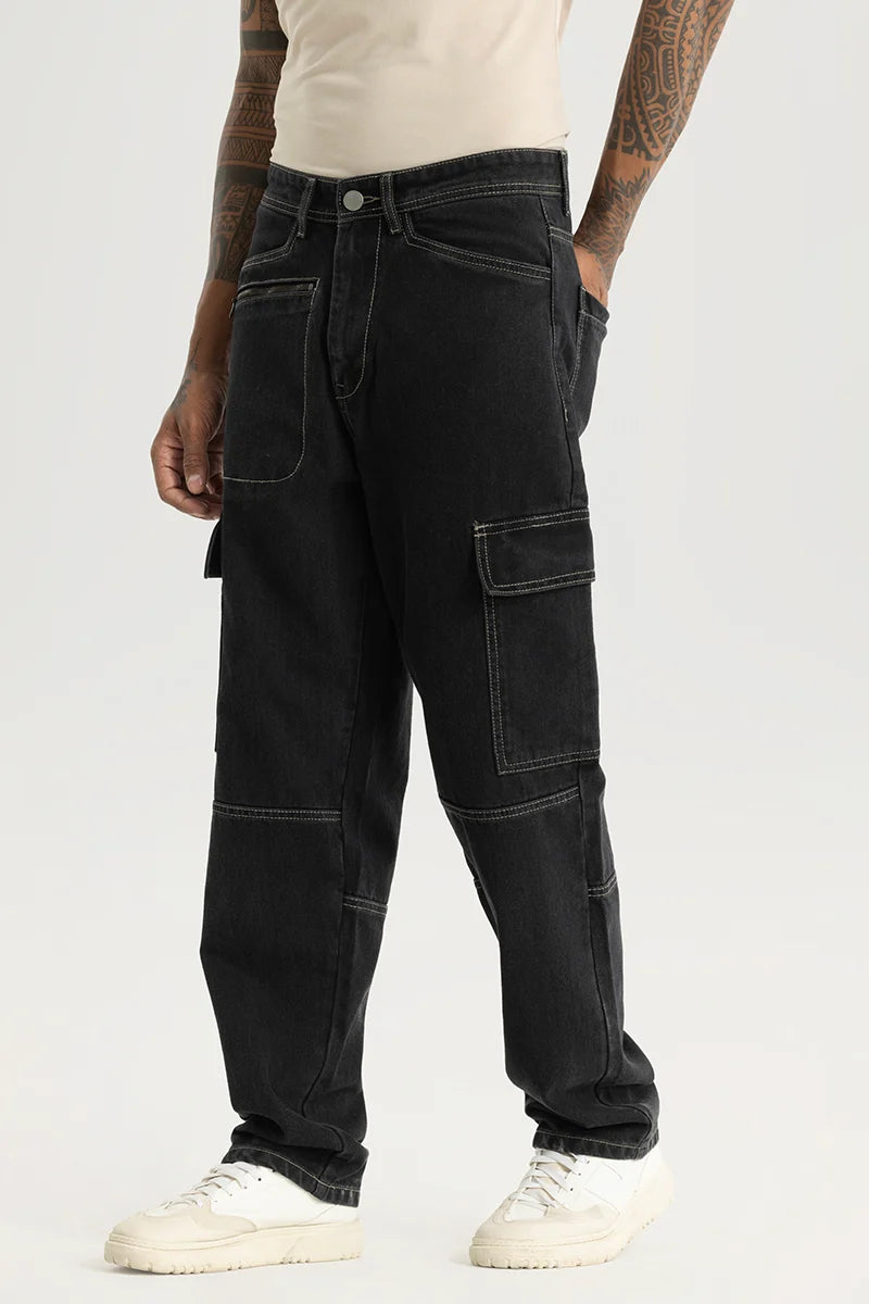 Zipper Fly Jeans for Convenience -Empyrean Black Plain Straight Fit Cargo Jeans