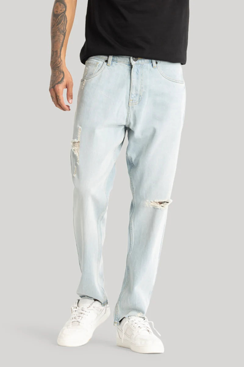 Blue Jeans for Everyday Wear -Sky Blue Distressed Baggy Fit Jeans