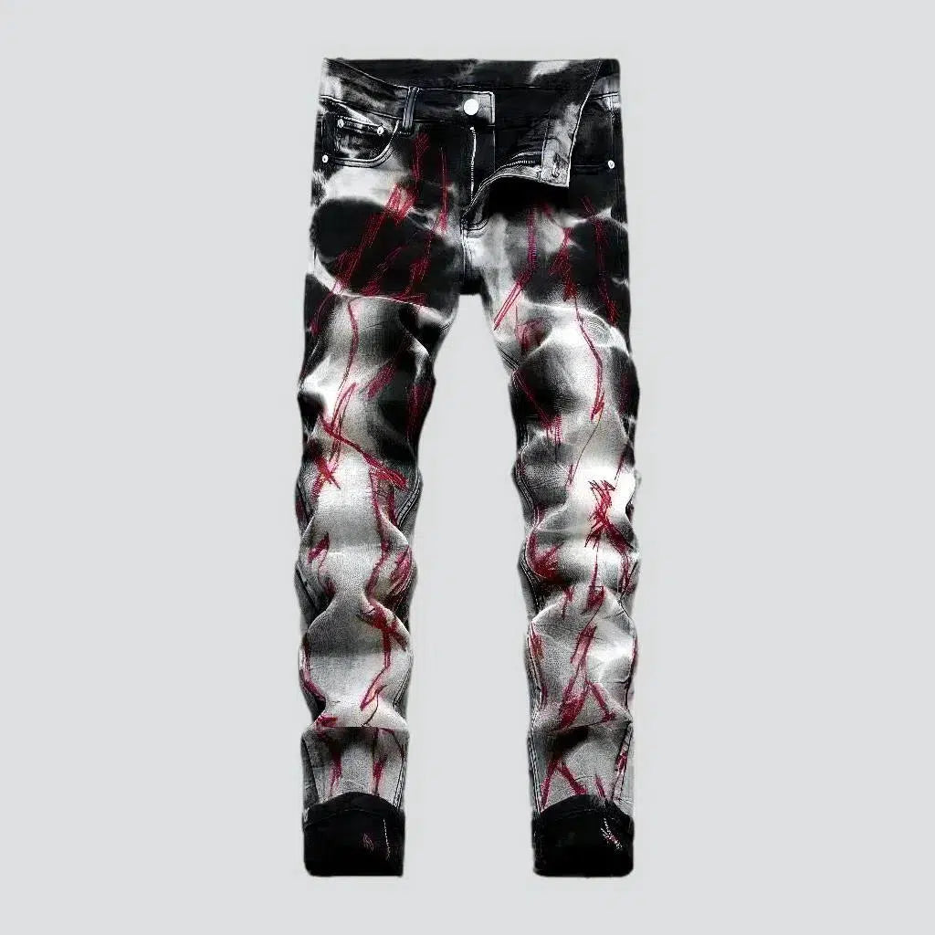 Hiking Jeans for Trail -Red-print men's street jeans