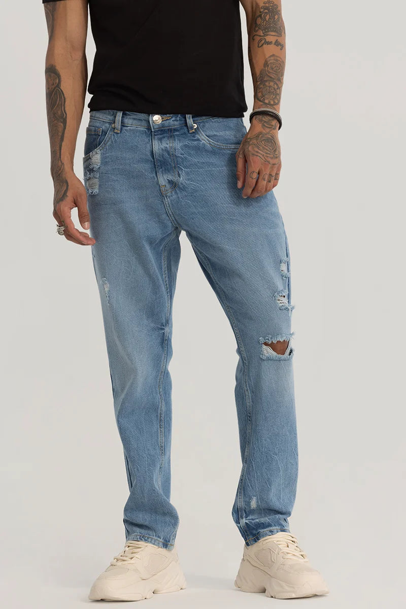 Button Fly Jeans for Traditional -Light Blue Distressed Baggy Fit Jeans