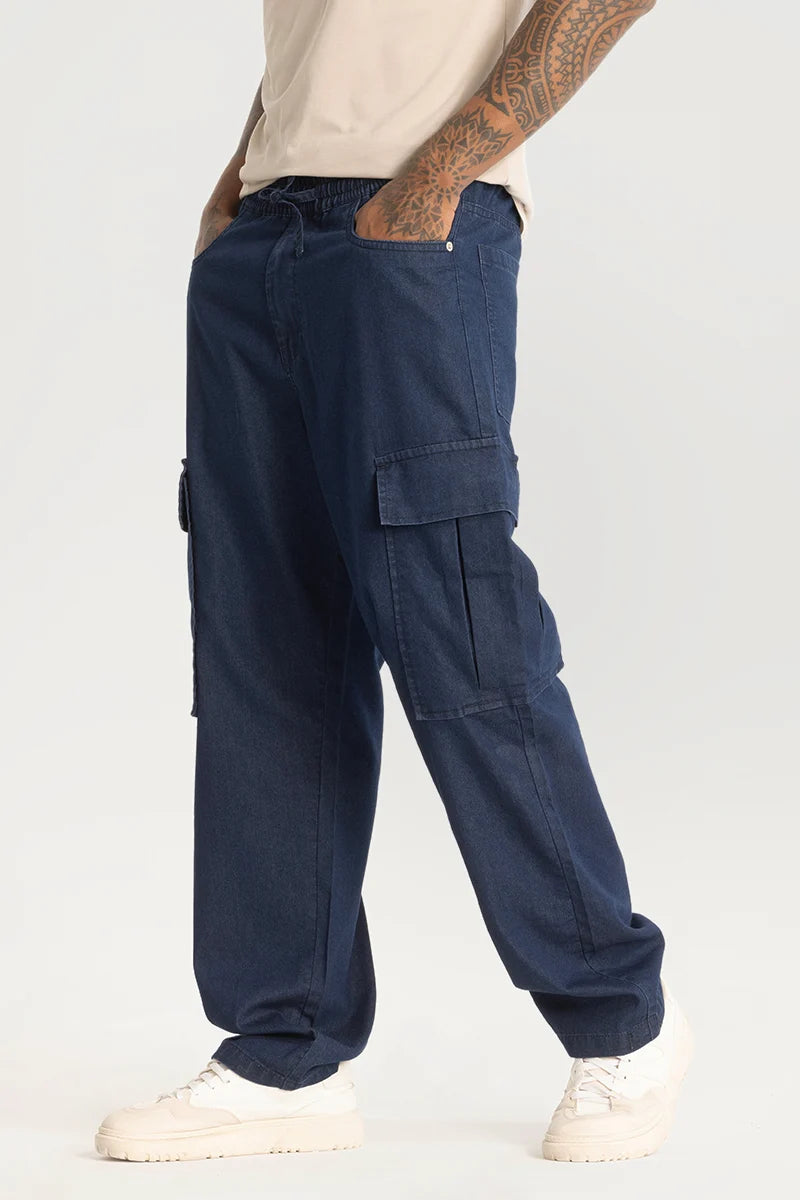 High-end Jeans for Exclusivity -Navy Baggy Fit Cargo Jeans