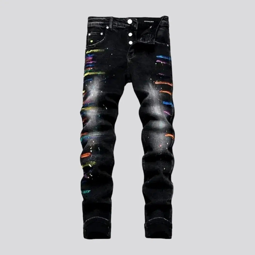 Gray Jeans for Neutral Tone -Paint-splattered mid-waist jeans for men