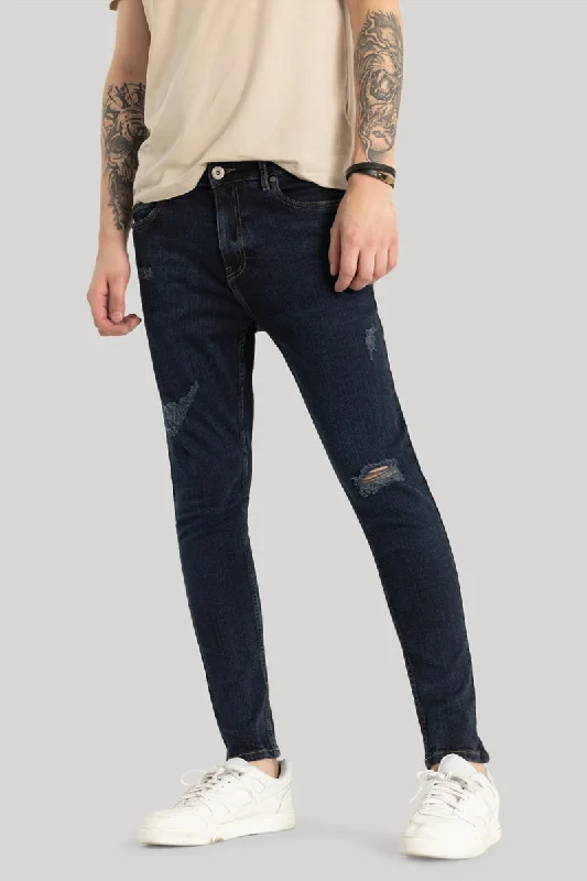 Side Pocket Jeans for Extra -Navy Distressed Skinny Fit Jeans