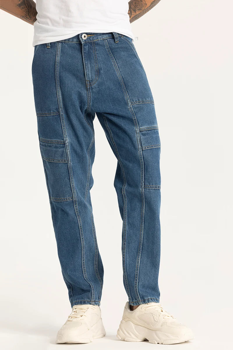 Cutoff Shorts Jeans for Fun -Blue Plain Cargo Style Baggy Fit Jeans