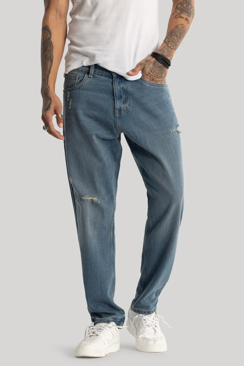 Leather Trim Jeans for Luxury -Blue Distressed Baggy Fit Jeans