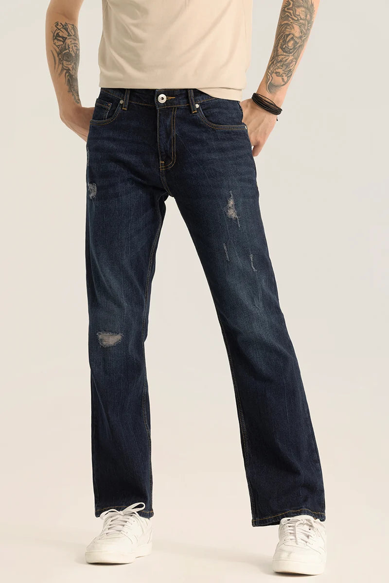 Ripped Jeans for Trendy Look -Vanguard Dark Blue Distressed Bootcut Jeans