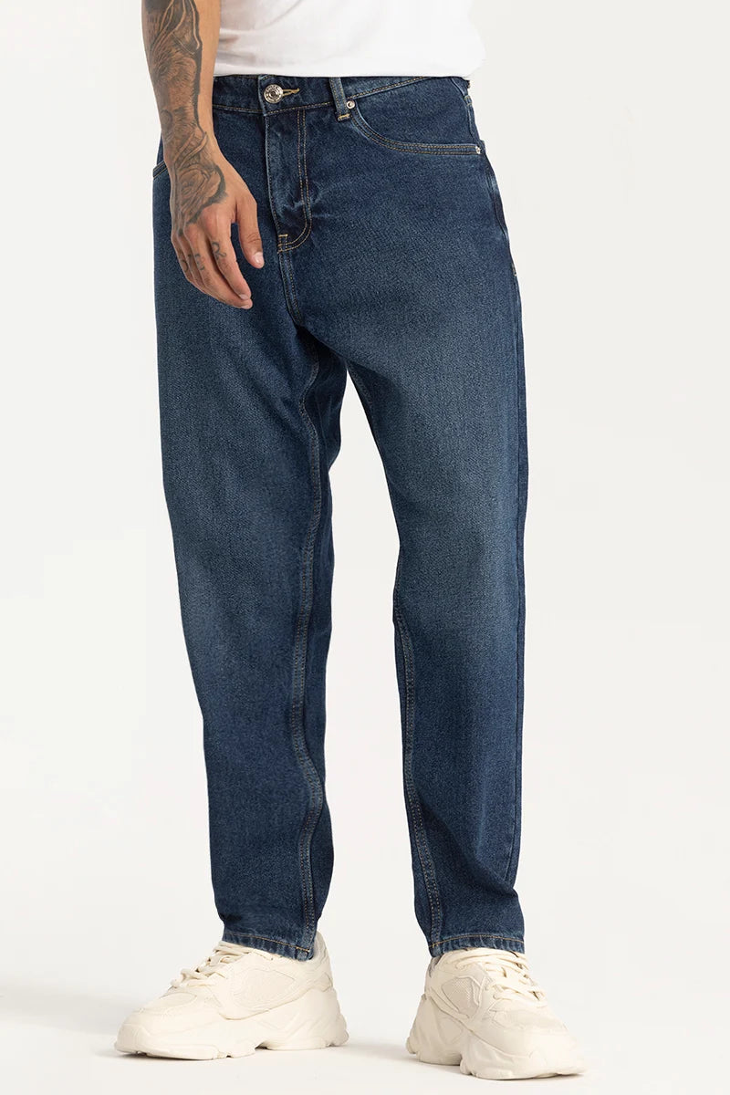 Dark Wash Jeans for Elegance -Indigo Plain Baggy Fit Jeans