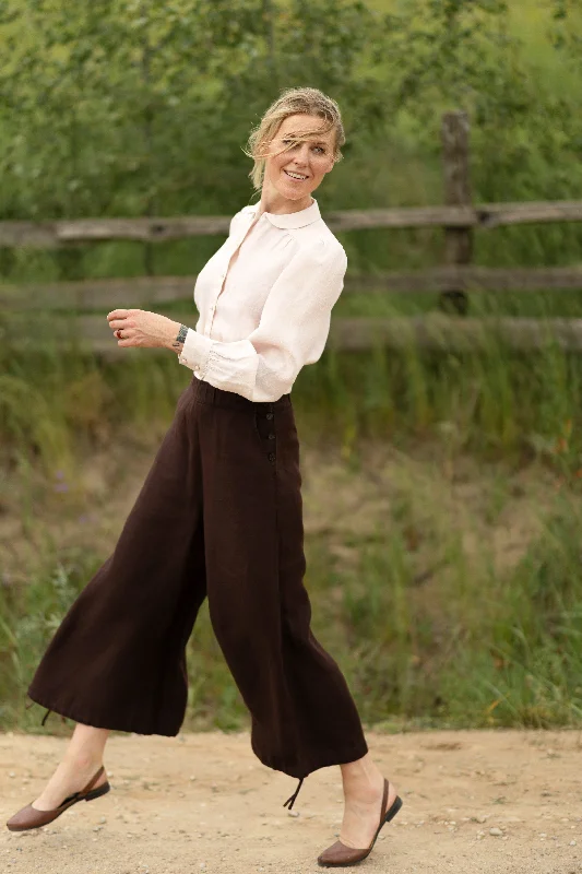 Formal suit pants for wedding guest elegance -Midi Charlotte Trousers, Twill Linen, Espresso Brown