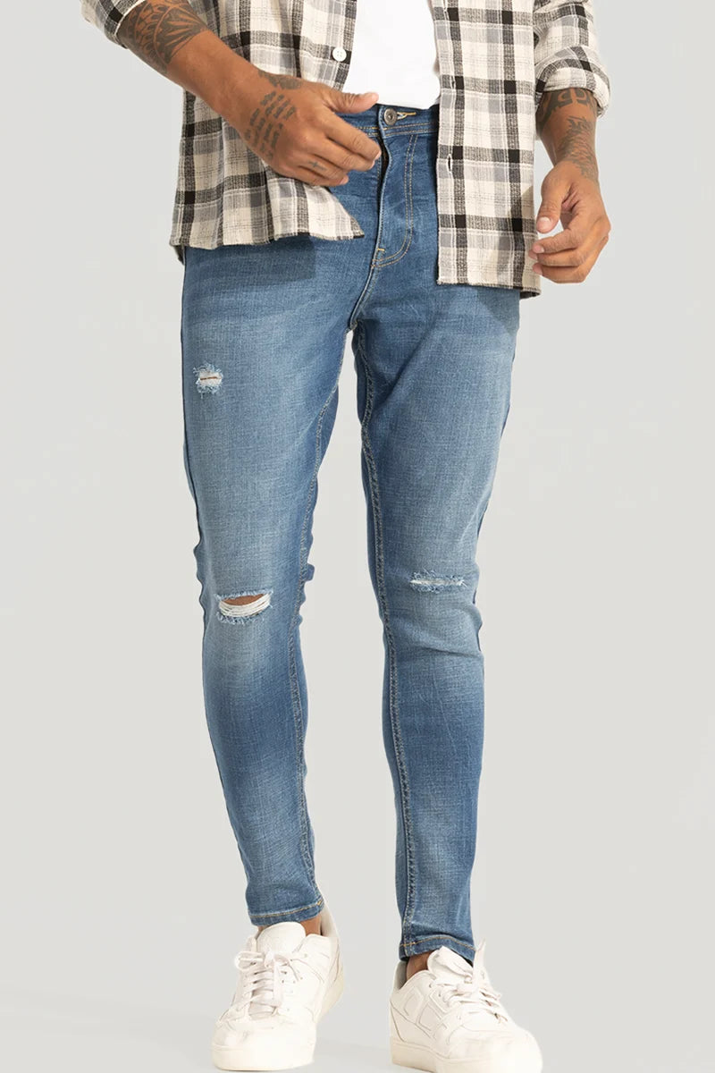 Sustainable Jeans for Eco -Denim Blue Distressed Skinny Fit Jeans