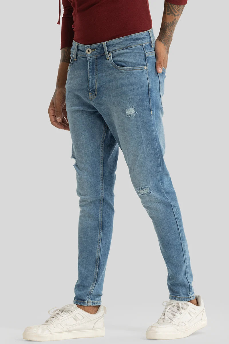 Frayed Hem Jeans for Edgy -Electric Blue Distressed Skinny Fit Jeans