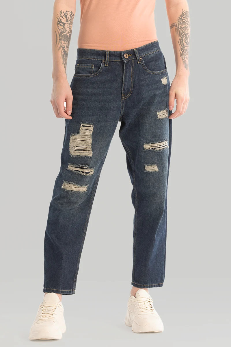 Five Pocket Jeans for Storage -Dark Blue Distressed Baggy Fit Jeans