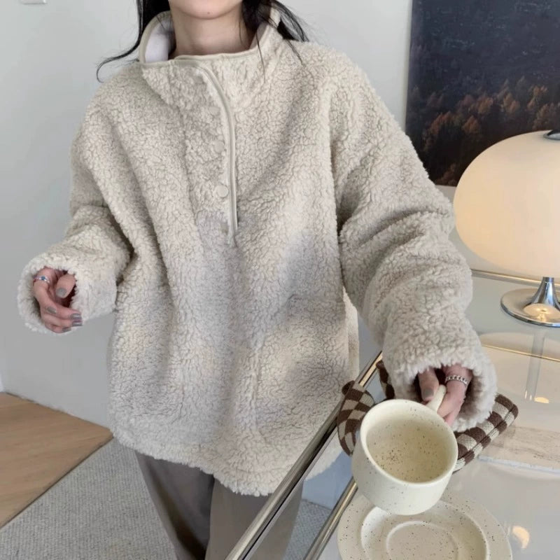 V Neck Blouses for Flattering -Jessica Oversize Fur Sweatshirt