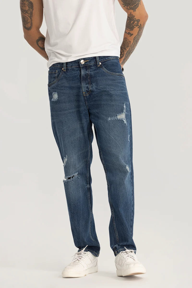 Four Pocket Jeans for Simplicity -Dark Blue Distressed Baggy Fit Jeans