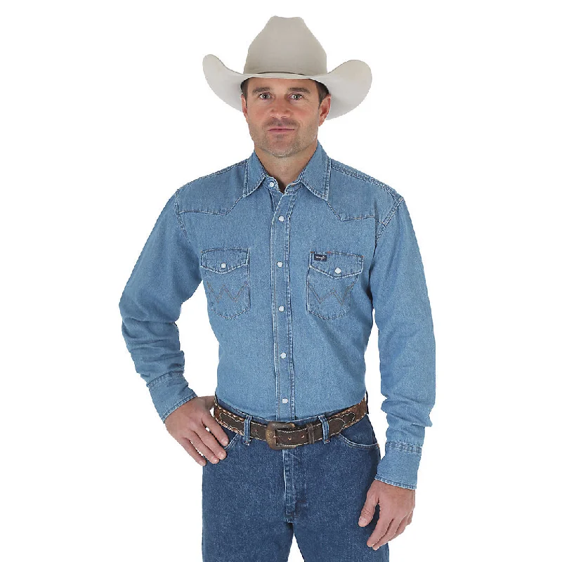 Indian Blouses with Intricacy -Wrangler Cowboy Cut® Work Western Long Sleeve Denim Snap Shirt (Stonewash)