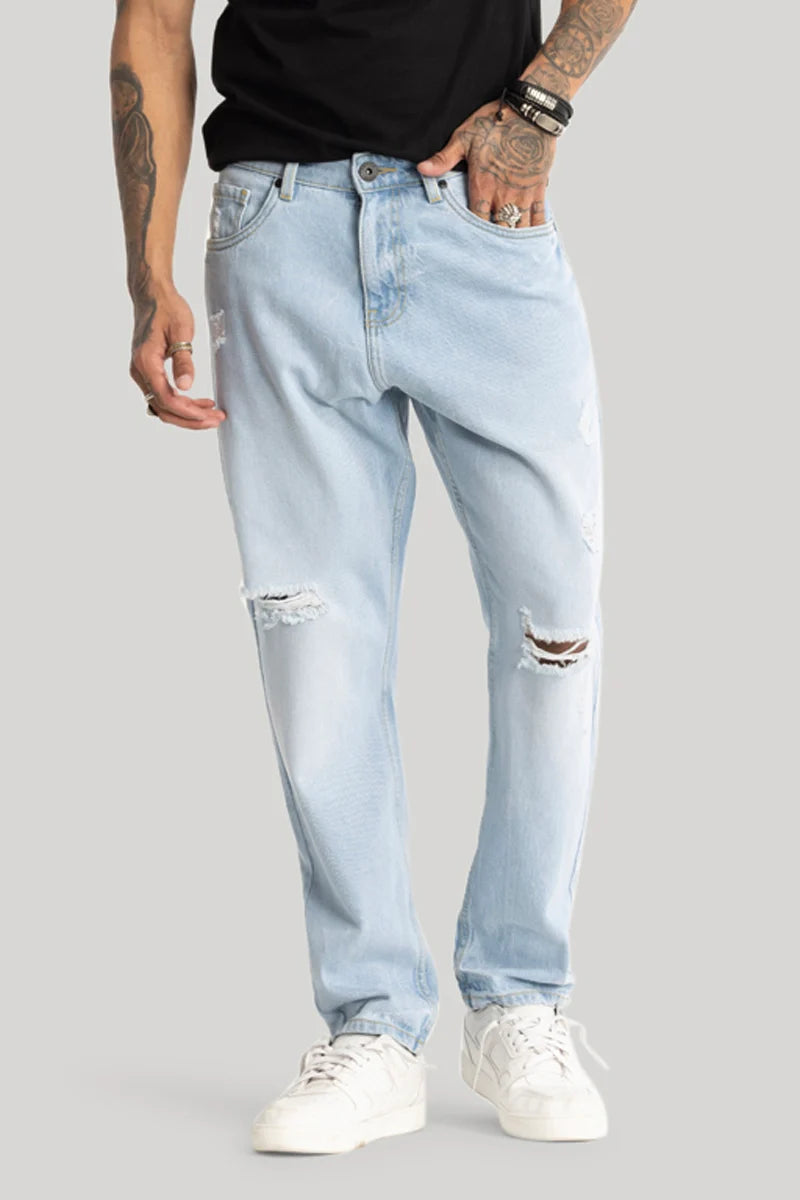 Organic Jeans for Natural -Light Blue Distressed Baggy Fit Jeans