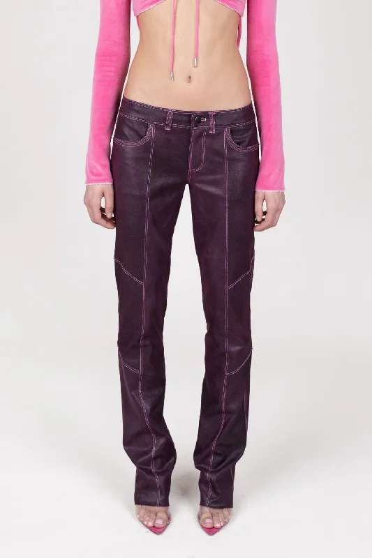 Rugged ripstop pants for extreme adventure durability -Plum Paneled Leather Stretch Leather Pants