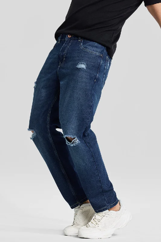 Straight Jeans for Classic Style -Navy Distressed Baggy Fit Jeans