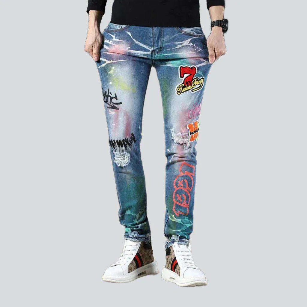 Recycled Jeans for Green -Neon color print men's jeans