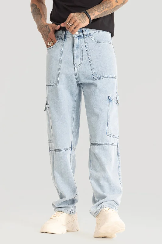 Light Wash Jeans for Casual -Light Blue Plain Baggy Fit Jeans