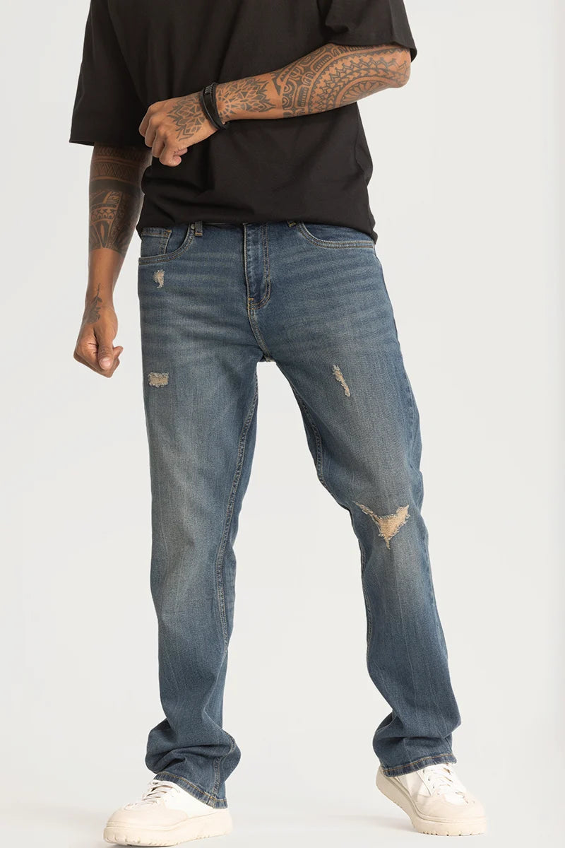 Branded Jeans for Quality -Dark Blue Distressed Straight Fit Jeans