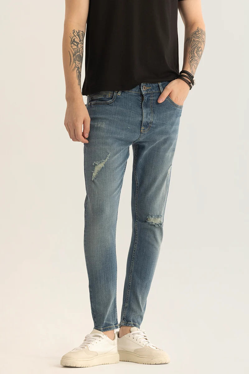 High-end Jeans for Exclusivity -Horizon Blue Distressed Skinny Fit Jeans