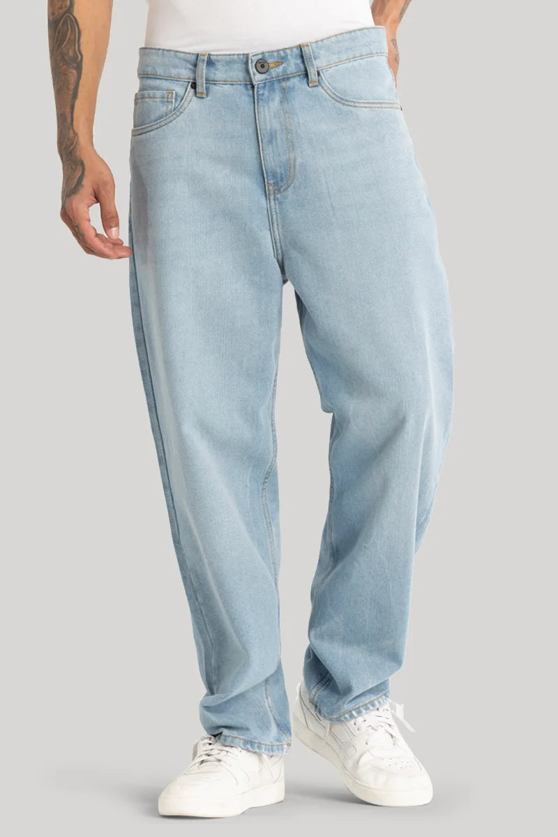 Raw Denim Jeans for Authentic -Light Blue Plain Loose Fit Jeans