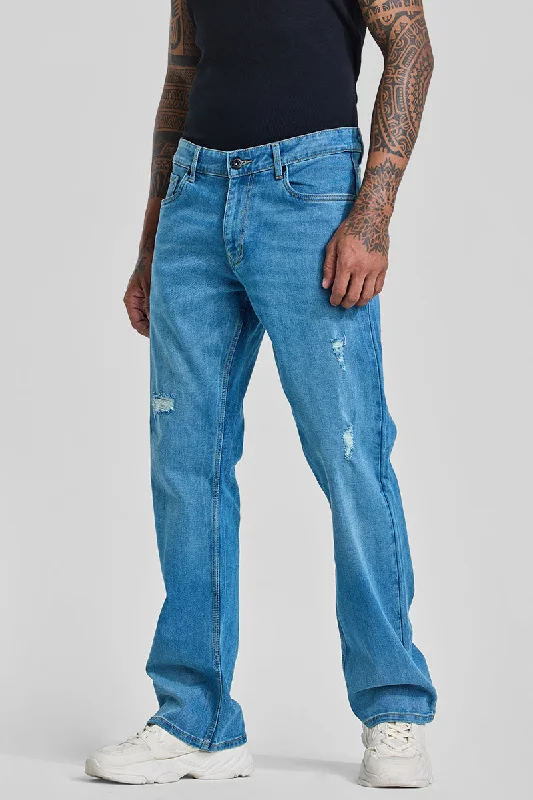 Decorated Back Pocket Jeans for Style -Blue Distressed Bootcut Jeans