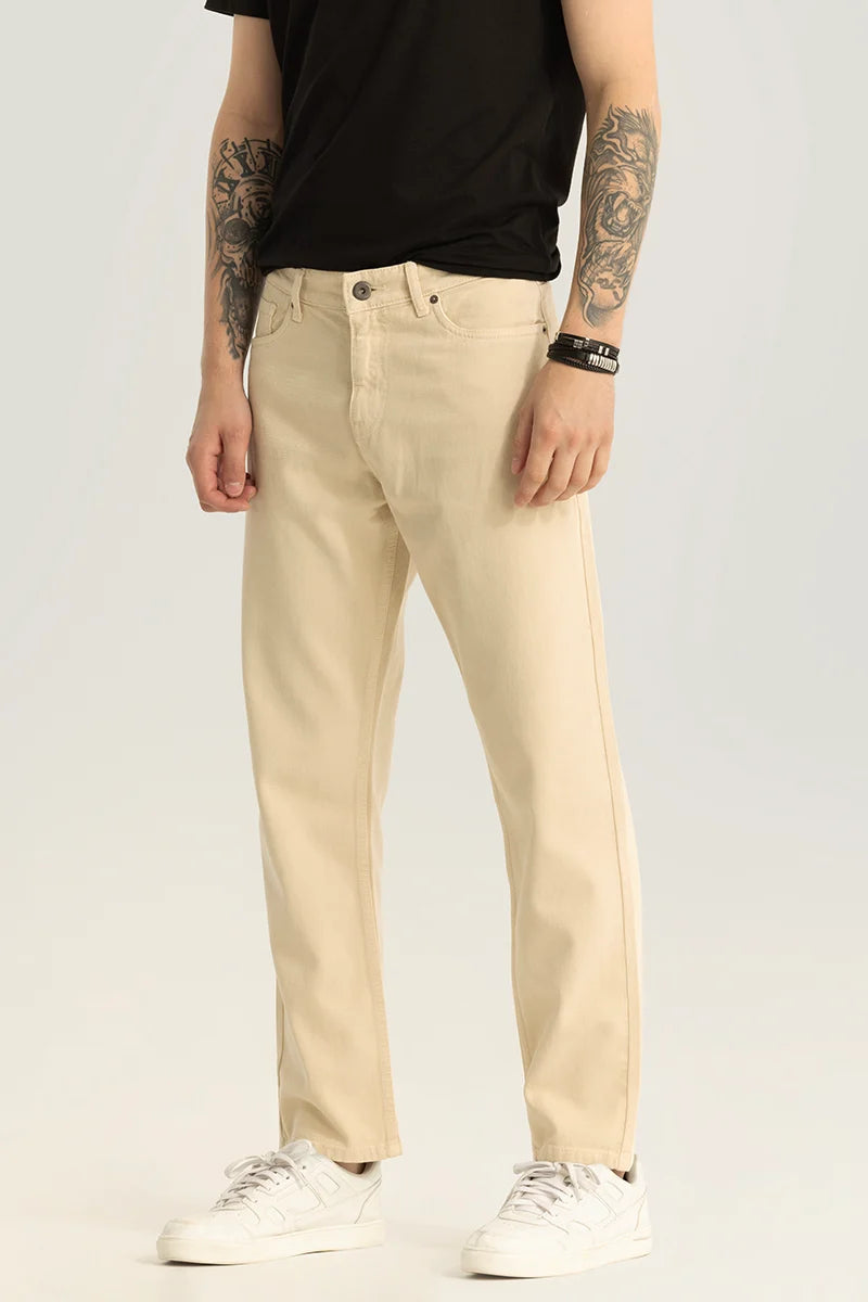 Stretch Jeans for Flexibility -Etienne Cream Plain Relaxed Fit Jeans