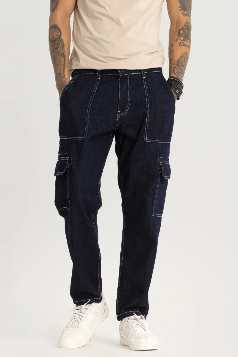 Raw Hem Jeans for Trendy -Navy Plain Baggy Fit Jeans