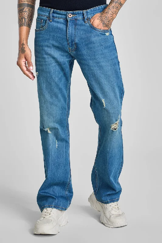 Embellished Back Pocket Jeans for Glamour -Blue Distressed Bootcut Jeans